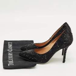 Pre Owned Salvatore Ferragamo Black Satin Crystal Embellished Pointed Toe Pumps Size 37