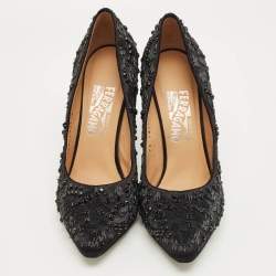 Pre Owned Salvatore Ferragamo Black Satin Crystal Embellished Pointed Toe Pumps Size 37