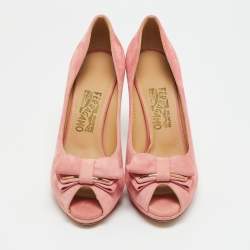 Pre Owned Salvatore Ferragamo Pink Suede Bow Peep Toe Pumps Size 39.5