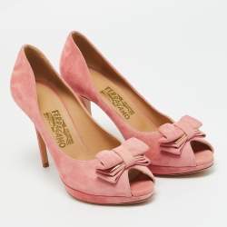 Pre Owned Salvatore Ferragamo Pink Suede Bow Peep Toe Pumps Size 39.5