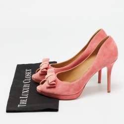 Pre Owned Salvatore Ferragamo Pink Suede Bow Peep Toe Pumps Size 39.5