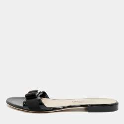 Pre Owned Salvatore Ferragamo Black Patent Leather Vara Bow Open Toe Flats Size 39.5