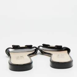 Pre Owned Salvatore Ferragamo Black Patent Leather Vara Bow Open Toe Flats Size 39.5