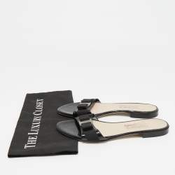 Pre Owned Salvatore Ferragamo Black Patent Leather Vara Bow Open Toe Flats Size 39.5