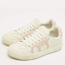 Pre Owned Salvatore Ferragamo Pink/White Leather Pedros Gancini Lace Up Sneakers Size 39.5