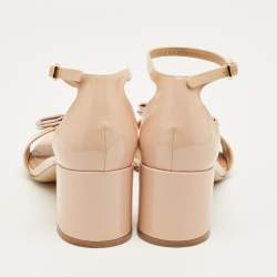 Pre Owned Salvatore Ferragamo Beige Patent Leather Vara Bow Ankle Strap Sandals Size 39