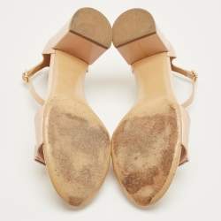 Pre Owned Salvatore Ferragamo Beige Patent Leather Vara Bow Ankle Strap Sandals Size 39