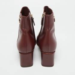 Pre Owned Salvatore Ferragamo Gancini  Burgundy Leather Ankle Length Boots Size 36.5