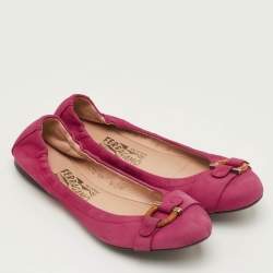 Pre Owned Salvatore Ferragamo Gancini Size 38.5 Pink Nubuck Leather Scrunch Ballet Flats