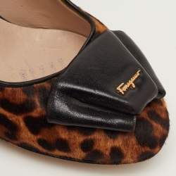 Pre Owned Salvatore Ferragamo Size 35.5 Brown/Black Leopard Calf Hair and Leather Bow Detail Pumps