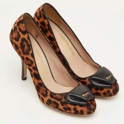Pre Owned Salvatore Ferragamo Size 35.5 Brown/Black Leopard Calf Hair and Leather Bow Detail Pumps