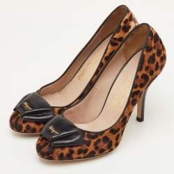 Pre Owned Salvatore Ferragamo Size 35.5 Brown/Black Leopard Calf Hair and Leather Bow Detail Pumps