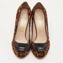 Pre Owned Salvatore Ferragamo Size 35.5 Brown/Black Leopard Calf Hair and Leather Bow Detail Pumps