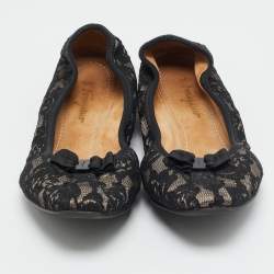 Pre Owned Salvatore Ferragamo My Joy Size 39.5 Black Lace Bow Detail Ballet Flats