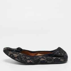 Pre Owned Salvatore Ferragamo My Joy Size 39.5 Black Lace Bow Detail Ballet Flats