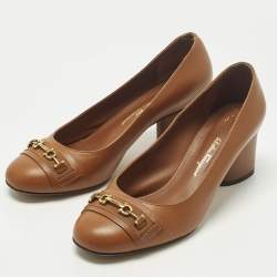 Pre Owned حذاء كعب عالي سالفاتوري فيراغامو آفيري جلد بني بكعب عريض مقاس 38.5