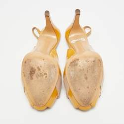 Pre Owned Salvatore Ferragamo  Size 37 Beige Patent Leather Vara Bow  Slingback  Peep Toe Pumps