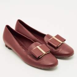 Pre Owned Salvatore Ferragamo Sarno Bow Size 37 Burgundy Leather Smoking Slippers