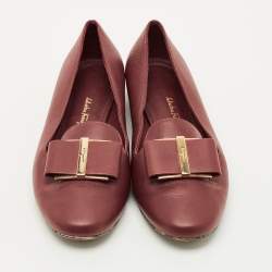 Pre Owned Salvatore Ferragamo Sarno Bow Size 37 Burgundy Leather Smoking Slippers