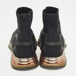 مملوكة مسبقًا حذاء رياضي سالفاتوري فيراغامو نسيج محبوك وجلد أسود بعنق مرتفع مقاس 38.5