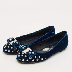 Pre Owned Salvatore Ferragamo Vara Bow Studded Size 35.5 Blue Velvet Ballet Flats