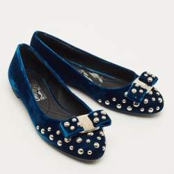 Pre Owned Salvatore Ferragamo Vara Bow Studded Size 35.5 Blue Velvet Ballet Flats