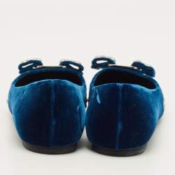Pre Owned Salvatore Ferragamo Vara Bow Studded Size 35.5 Blue Velvet Ballet Flats