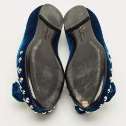 Pre Owned Salvatore Ferragamo Vara Bow Studded Size 35.5 Blue Velvet Ballet Flats