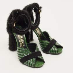 Pre Owned صند ل حزام الكاحل سالفاتوري فيراغامو جانشيو فرو أخضر وجلد مزخرف بالسحالي مقاس 37.5