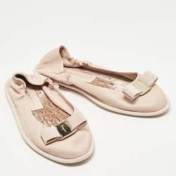 Pre Owned Salvatore Ferragamo Vara Bow Size 38 Pink Leather Scrunch Ballet Flats