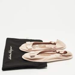 Pre Owned Salvatore Ferragamo Vara Bow Size 38 Pink Leather Scrunch Ballet Flats