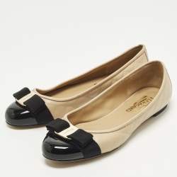 Pre Owned حذاء باليرينا فلات سالفاتوري فيراغامو جلد مبطن بيج مزين فيونكة فارا مقاس 37.5