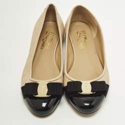 Pre Owned حذاء باليرينا فلات سالفاتوري فيراغامو جلد مبطن بيج مزين فيونكة فارا مقاس 37.5