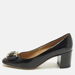 مملوكة مسبقًا Salvatore Ferragamo Bow Size 38 Black Patent Leather Block Heel Pumps