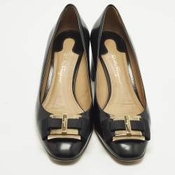 Pre Owned حذاء كعب عالي سالفاتوري فيراغامو فيونكة جلد براءة سوداء كعب عريض مقاس 38