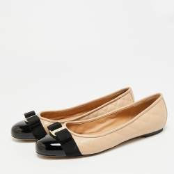 Pre Owned حذاء باليرينا فلات سالفاتوري فيراغامو جلد مبطن بيج مزين فيونكة فارا مقاس 37.5