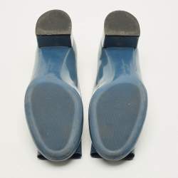 Pre Owned Salvatore Ferragamo Varina Size 38.5 Blue Patent Leather Bow Block Heel Pumps