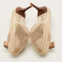 Pre Owned Salvatore Ferragamo Vara Bow Size 38 Beige Leather Peep Toe Pumps