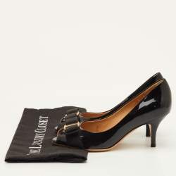 Pre Owned حذاء كعب عالي سالفاتوري فيراغامو فيونكة فارا جلد لامع أسود مقدمة مفتوحة مقاس 35.5