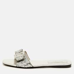مملوكة مسبقًا Salvatore Ferragamo Vicky Size 40.5 Silver Glitter Bow Flat Slide Sandals