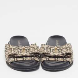 Pre Owned Salvatore Ferragamo Vara Bow Size 37 Beige/Grey Canvas Flat Slide