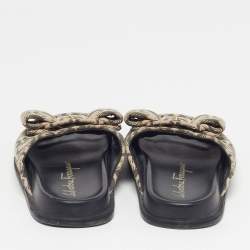 Pre Owned Salvatore Ferragamo Vara Bow Size 37 Beige/Grey Canvas Flat Slide