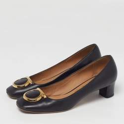 مملوكة مسبقًا Salvatore Ferragamo Bow Size 39 Black Patent Leather Block Heel Pumps