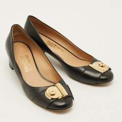 Pre Owned Salvatore Ferragamo Fiamma Keyhole Size 40 Black Leather Block Heel Pumps