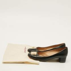 Pre Owned Salvatore Ferragamo Fiamma Keyhole Size 40 Black Leather Block Heel Pumps