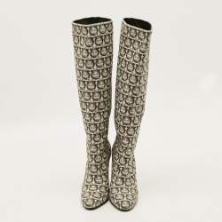 Pre Owned Salvatore Ferragamo Gancini Size 37 Cream/Black Canvas Knee Length Boots