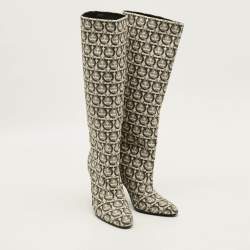 Pre Owned Salvatore Ferragamo Gancini Size 37 Cream/Black Canvas Knee Length Boots