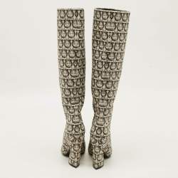 Pre Owned Salvatore Ferragamo Gancini Size 37 Cream/Black Canvas Knee Length Boots
