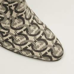 Pre Owned Salvatore Ferragamo Gancini Size 37 Cream/Black Canvas Knee Length Boots