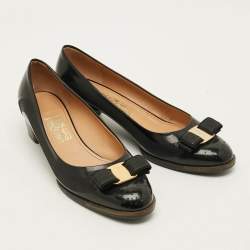 Pre Owned Salvatore Ferragamo Vara Bow Size 40.5 Black Leather Block Heel Pumps